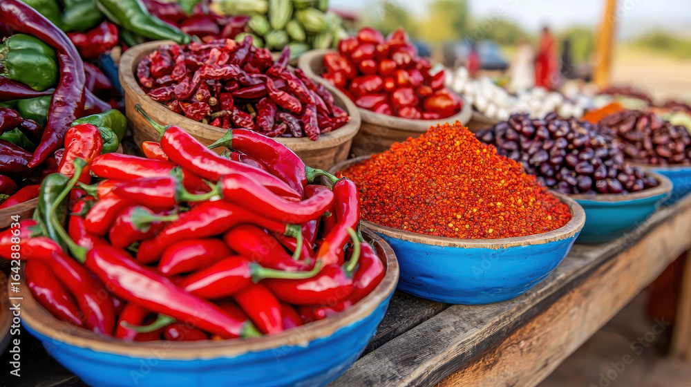 Fototapeta premium Colorful Display of Fresh Spices and Chilies at Local Market with Bowls of Red and Green Varieties for Culinary Use and Cooking Inspiration