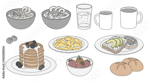 A delightful assortment of breakfast foods and beverages presented in a charming overhead view