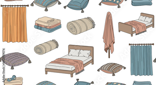 A collection of various bedding styles and home furnishings displayed in a repeating pattern for interior design inspiration