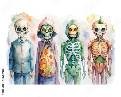 set of watercolor Skeleton Costume vector illustration isolated on white background