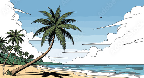 Serene tropical paradise beach scene with leaning palm trees and calm ocean waters under a partly cloudy sky