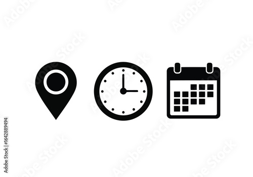 Vector illustration of photo of a set of icons representing location, time, and calendar, symbolizing planning and scheduling for travel or events, isolated on white background