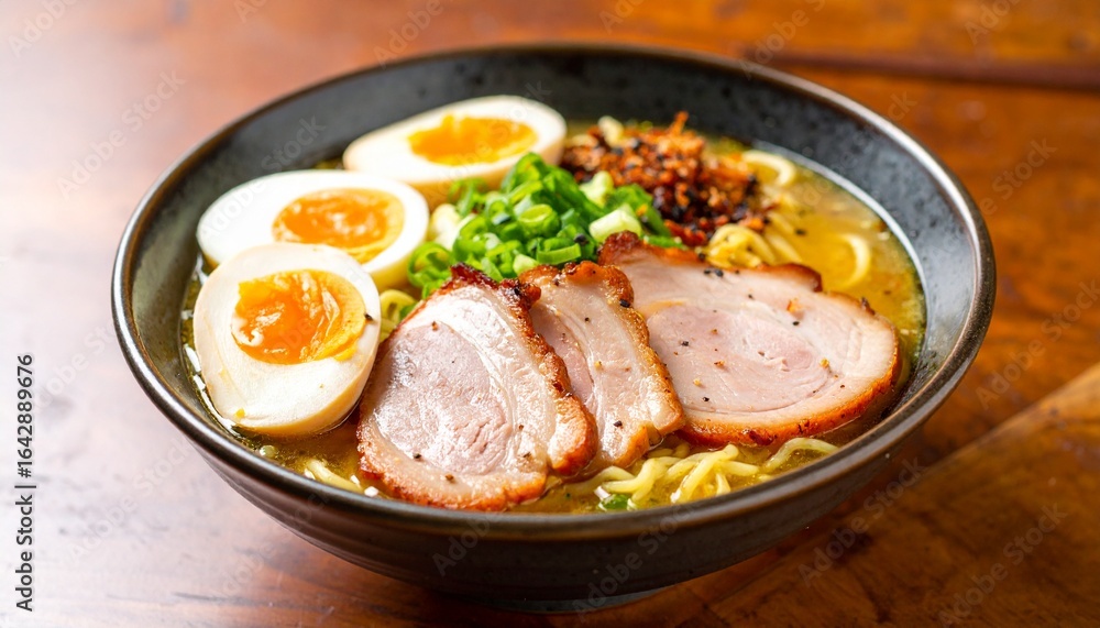 Delicious Ramen Bowl with Sliced Pork Soft Boiled Eggs and Green Onions. Delicious Ramen Bowl with Sliced Pork Soft Boiled Eggs and Green Onions.