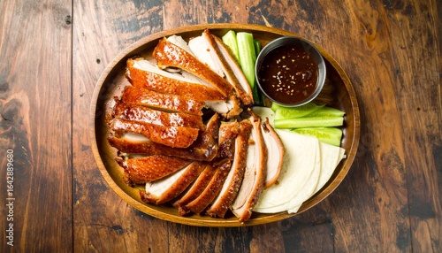 Delicious Peking Duck Platter with Cucumber Sauce and Wraps on Wooden Table.