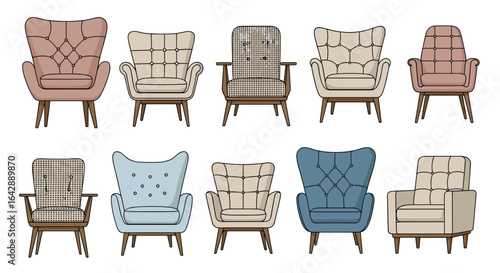 A curated collection of ten unique armchair designs each featuring intricate pixel art detailing and elegant wooden legs suitable for modern living spaces
