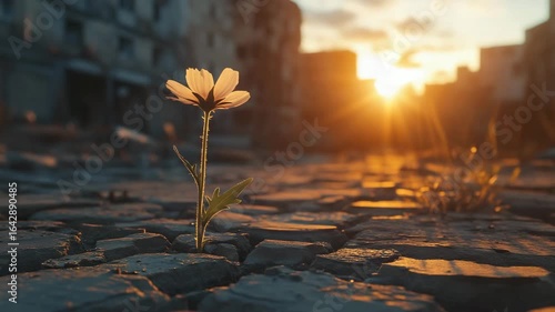 Lone flower blooming from cracked city road under golden sunset light, representing perseverance and beauty in harsh conditions.