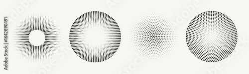 Set of abstract concentric and hypnotic dotted lines in circle form. Halftone dotted radial lines. Design element for logo, prints, template or posters. Vector illustration