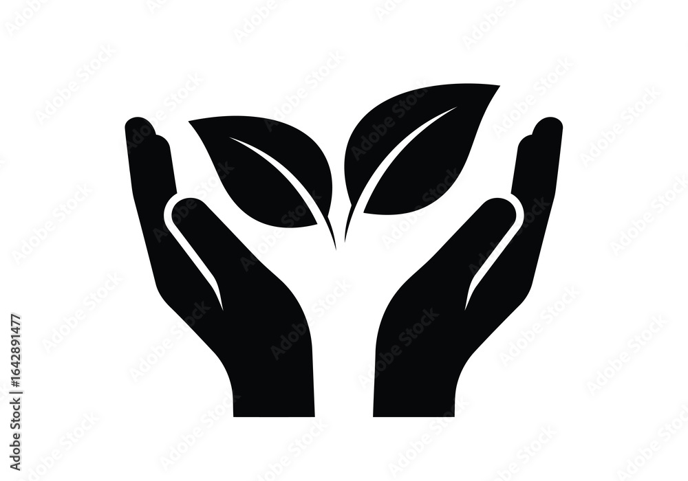 Obraz premium Vector illustration of photo of black icon of hands holding two green leaves, symbolizing care for nature and growth, isolated on white background