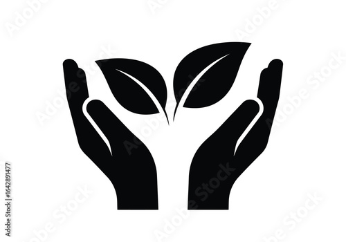 Vector illustration of photo of black icon of hands holding two green leaves, symbolizing care for nature and growth, isolated on white background