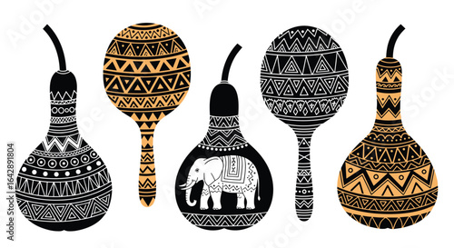 Decorative handcrafted gourd art with intricate tribal patterns and african wildlife imagery
