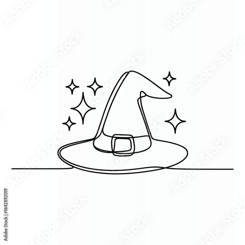 Whimsical hand drawn witch hat with sparkling stars illustration