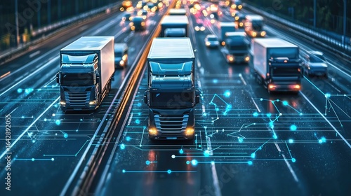 Abstract design background Trucks and transport tracking.Highway and delivering.Autonomous transportation. Driverless automotive. Ai assistance and safety traffic system.