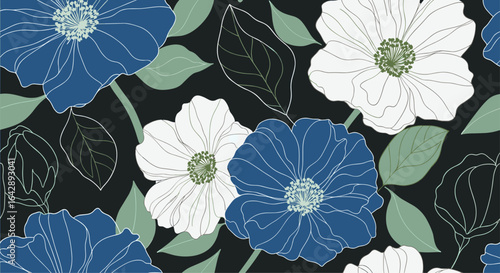 Vibrant blue and white floral pattern on dark background with green leaves and subtle black accents