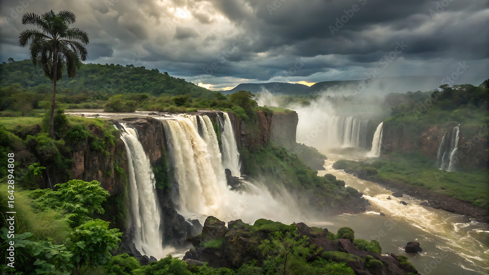 Fototapeta premium Majestic multi-tiered waterfall cascading down rugged cliffs.