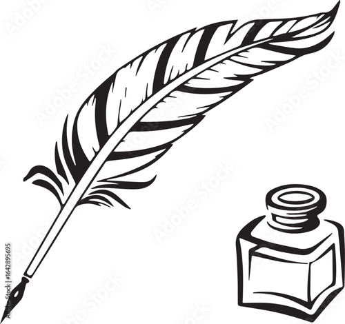 feather pen and ink | Black silhouette of a feather quill pen in an inkwell