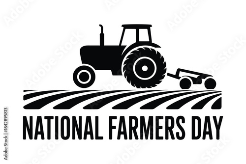 Illustration of a tractor on a field for national farmers day in black and white.