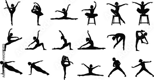 Ballet dancer silhouettes, dance poses, elegant movement, flexibility, choreography, artistic design, graceful posture, vector art, performance, black background