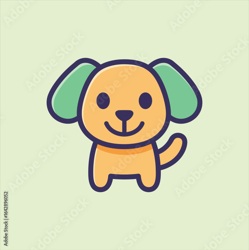An adorable cartoon puppy with a tan body and green floppy ears, smiling happily against a light green background.