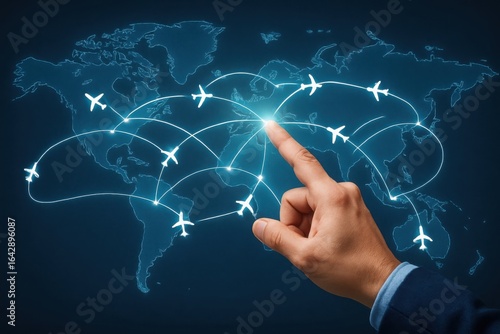 Hand touching a glowing network of airplane routes connecting cities across a digital world map, symbolizing global travel and connectivity