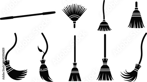 Broom and mop silhouettes, cleaning tools, black icons, household equipment, various styles, vector set, sanitation, grid layout, hygiene, design