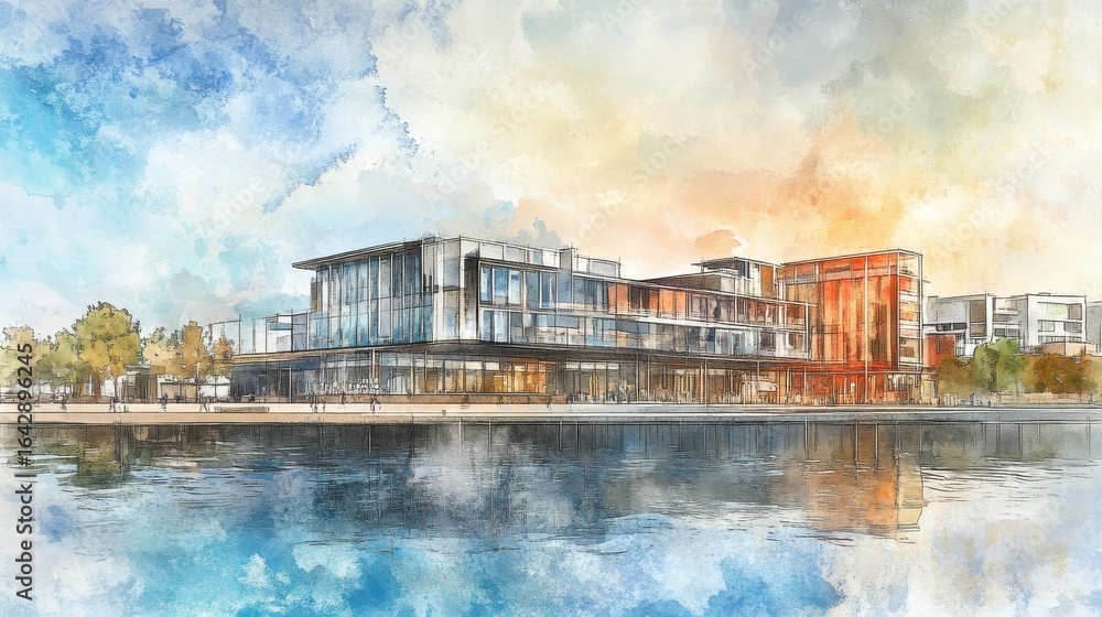 Fototapeta premium People walking along waterfront in serene city setting