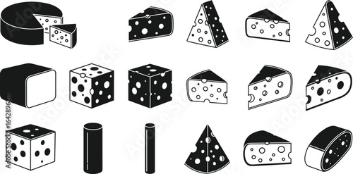 Cheese vector icons, black and white illustration, Swiss cheese shapes, food design, dairy product, wedge, slice, cube, cylinder, outline