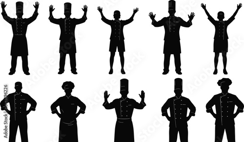 Chef silhouette illustration, professional culinary team, kitchen staff poses, cooking uniform design, restaurant crew vector, food industry graphic