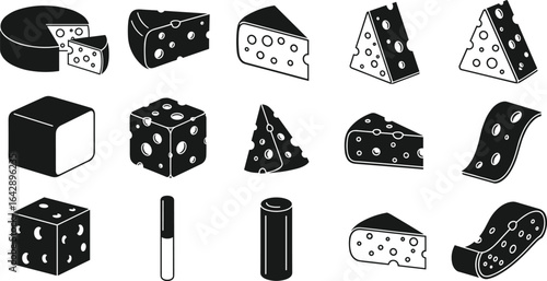 Cheese vector illustration, black and white icons, Swiss cheese shapes, wedge, cube, slice, cylinder, dairy product, food design, outline