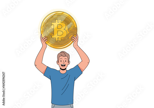 Man holds a large golden bitcoin illustration, great for cryptocurrencyrelated designs, fintech concepts, investment, digital money, blockchain, and financial aspects.