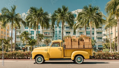 Yellow vintage truck, moving boxes, tropical scene