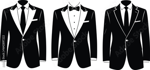 Men's tuxedo illustration, formal wear variations, black suit design, wedding attire, prom outfit, gala fashion, stylish event clothing