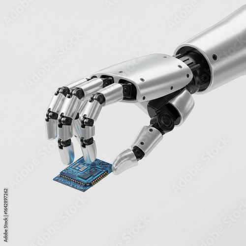 3d Render Of A Robot Hand Holding A Microchip, White Background
