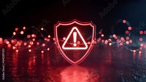 Glowing red shield with exclamation mark signals critical cybersecurity alert against dark background with bokeh lights, conveying urgent threat warning.