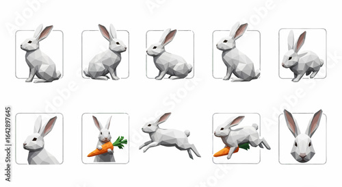A collection of ten illustrations of a white rabbit in various poses, including sitting, jumping, and holding a carrot.