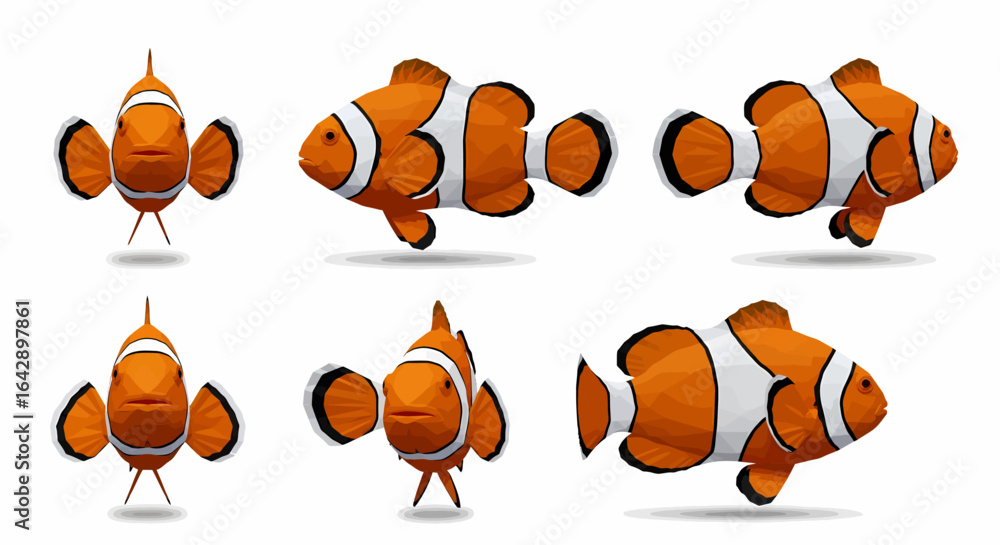Fototapeta premium A set of six clownfish illustrations showing the fish from different angles and perspectives.