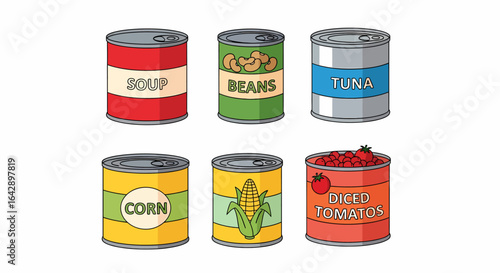 Six illustrated cans of various food items: soup, beans, tuna, corn, and diced tomatoes.