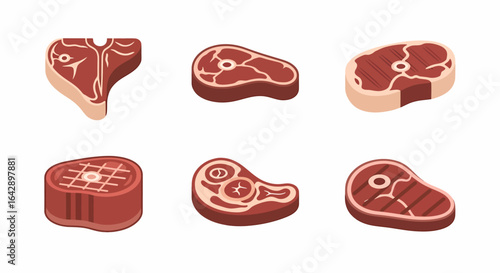 A collection of six illustrated icons showing various cuts of raw red beef steak on a white background.
