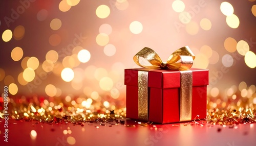 Wallpaper Mural Red gift box with gold ribbon on festive background Torontodigital.ca