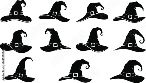 Witch hat silhouettes, Halloween costume hats, pointed brim hats, buckle design, spooky headwear, magical style, fantasy vector, black shapes, illustration
