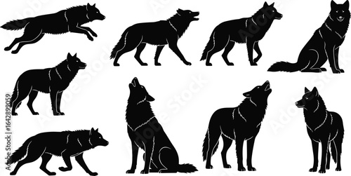 Wolf silhouettes in motion, standing, sitting, howling, running, walking, wild animal poses, fur detail, nature, predator, wilderness, behavior