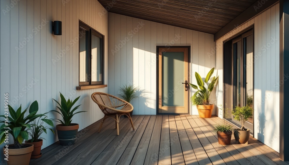 Fototapeta premium Modern minimalist house porch with wooden deck flooring, a rattan chair, potted plants, and natural morning light