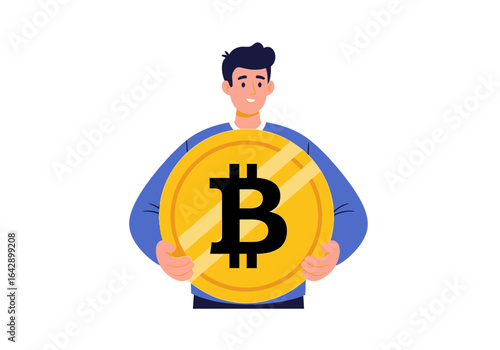 Man holds a large gold bitcoin symbol. Ideal for finance, cryptocurrency, investment, digital currency, and blockchainrelated concepts.