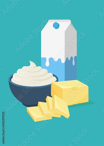 Set of dairy farm products in vector style stock illustration