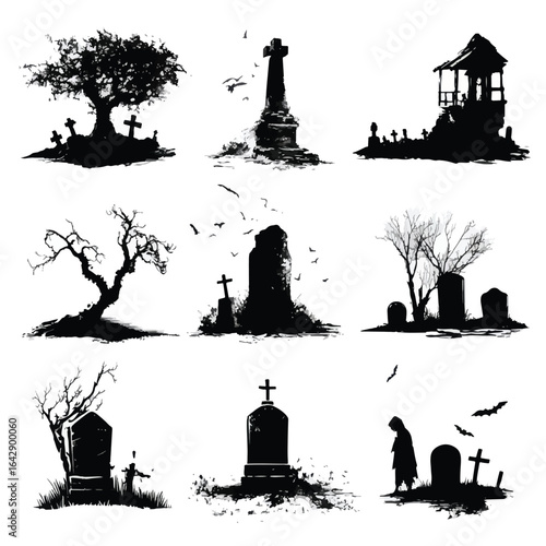 Vector silhouette set of Halloween Graveyard isolated in White background, silhouette Set, Halloween theme, Vector illustration 