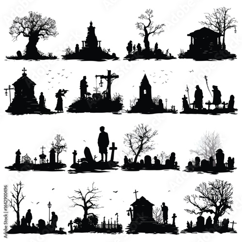 Vector silhouette set of Halloween Graveyard isolated in White background, silhouette Set, Halloween theme, Vector illustration 