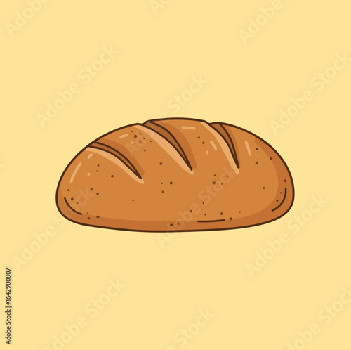 A simple cartoon illustration of a whole loaf of freshly baked brown bread on a yellow background.