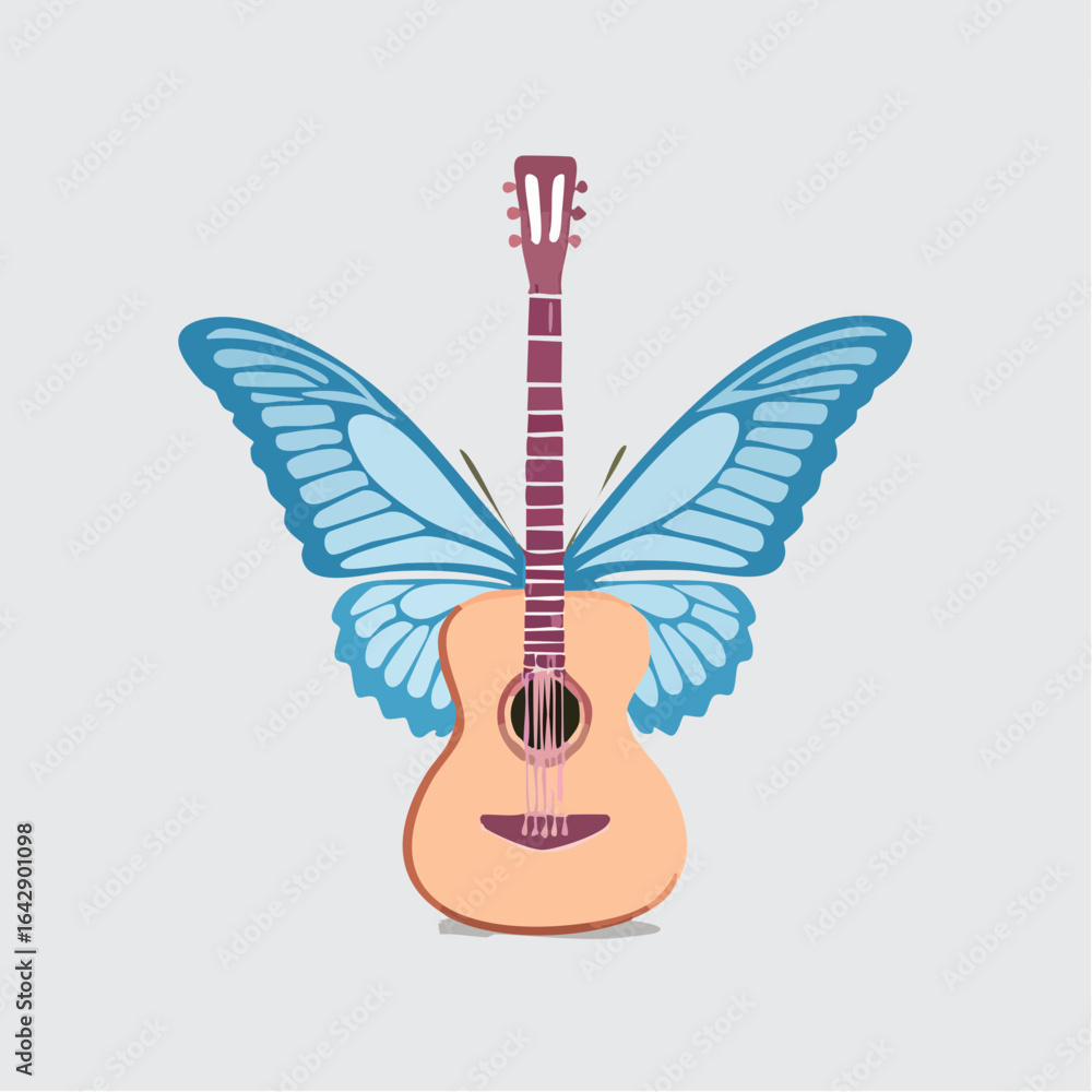 Fototapeta premium A surreal flat vector of a guitar merged with colorful butterfly wings.