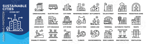 Sustainable Cities icon collection set. Containing design Green building, Electric bus, City Park, Renewable energy, Eco friendly settlements