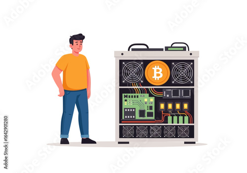 Man observing a bitcoin mining machine, symbolizing cryptocurrency efficiency. Suitable for tech articles, finance blogs, and blockchain presentations.
