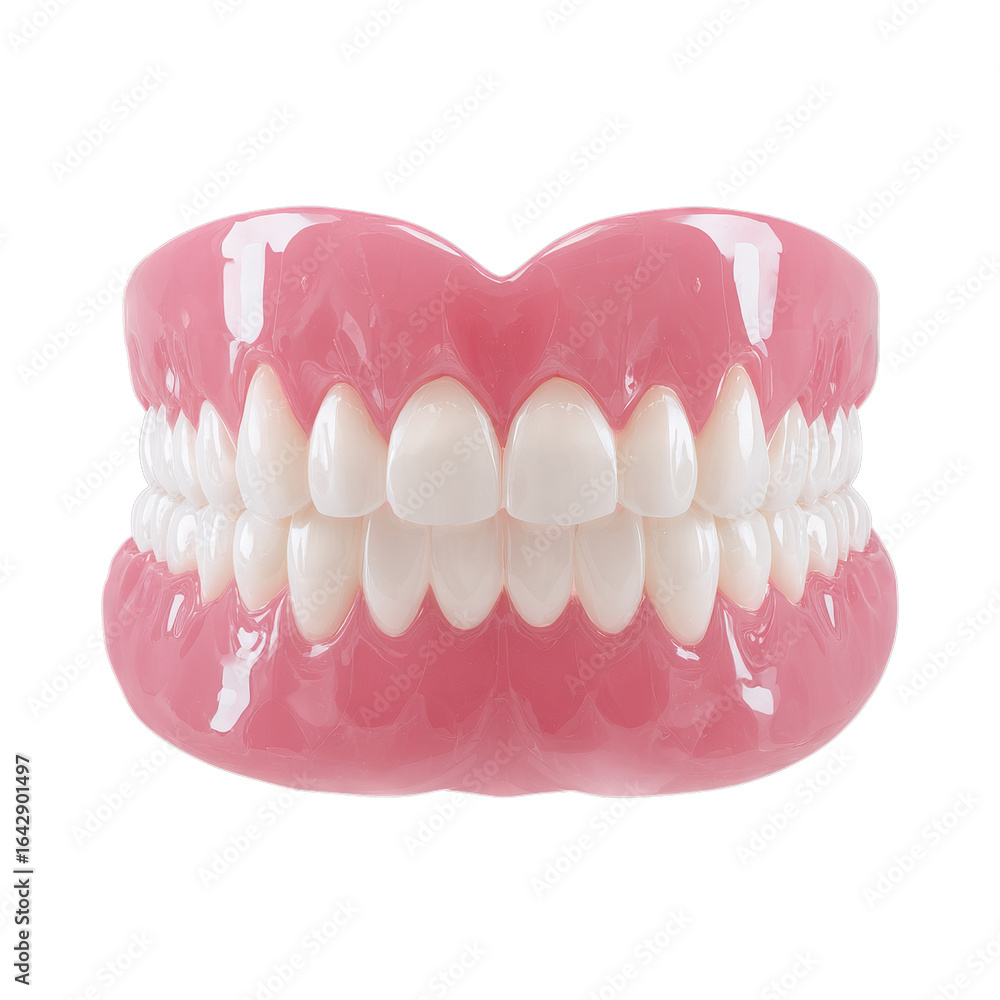 Obraz premium Set of false teeth in pink gum base. Isolated white background. Png format